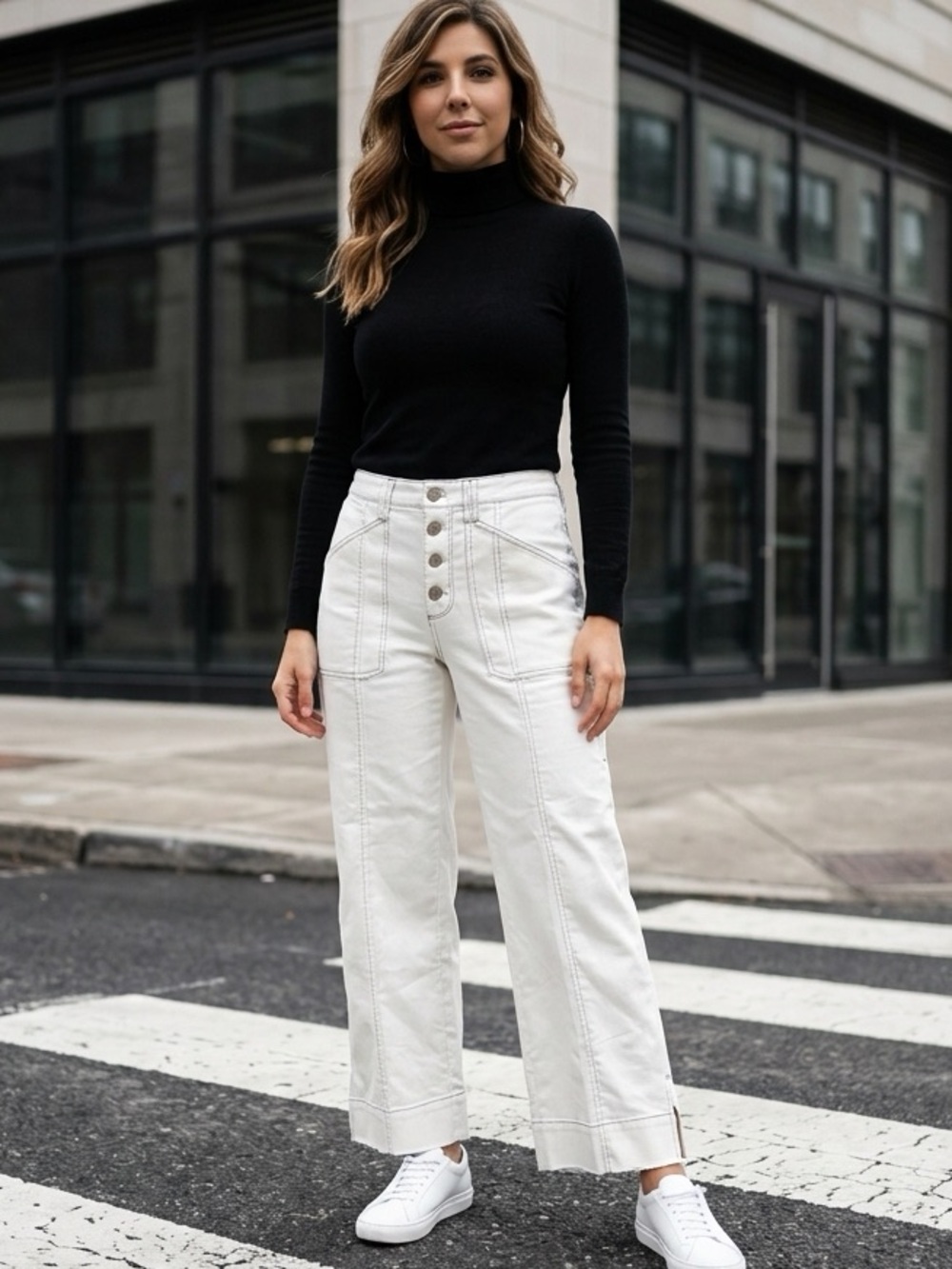 Karl Lagerfeld White Wide-Leg Button-Front Jeans